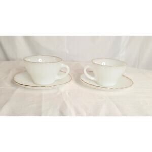 2 Anchor Hocking White Swirl Milk Glass Surburbia Tea Cup/Saucer Sets Gold Rims